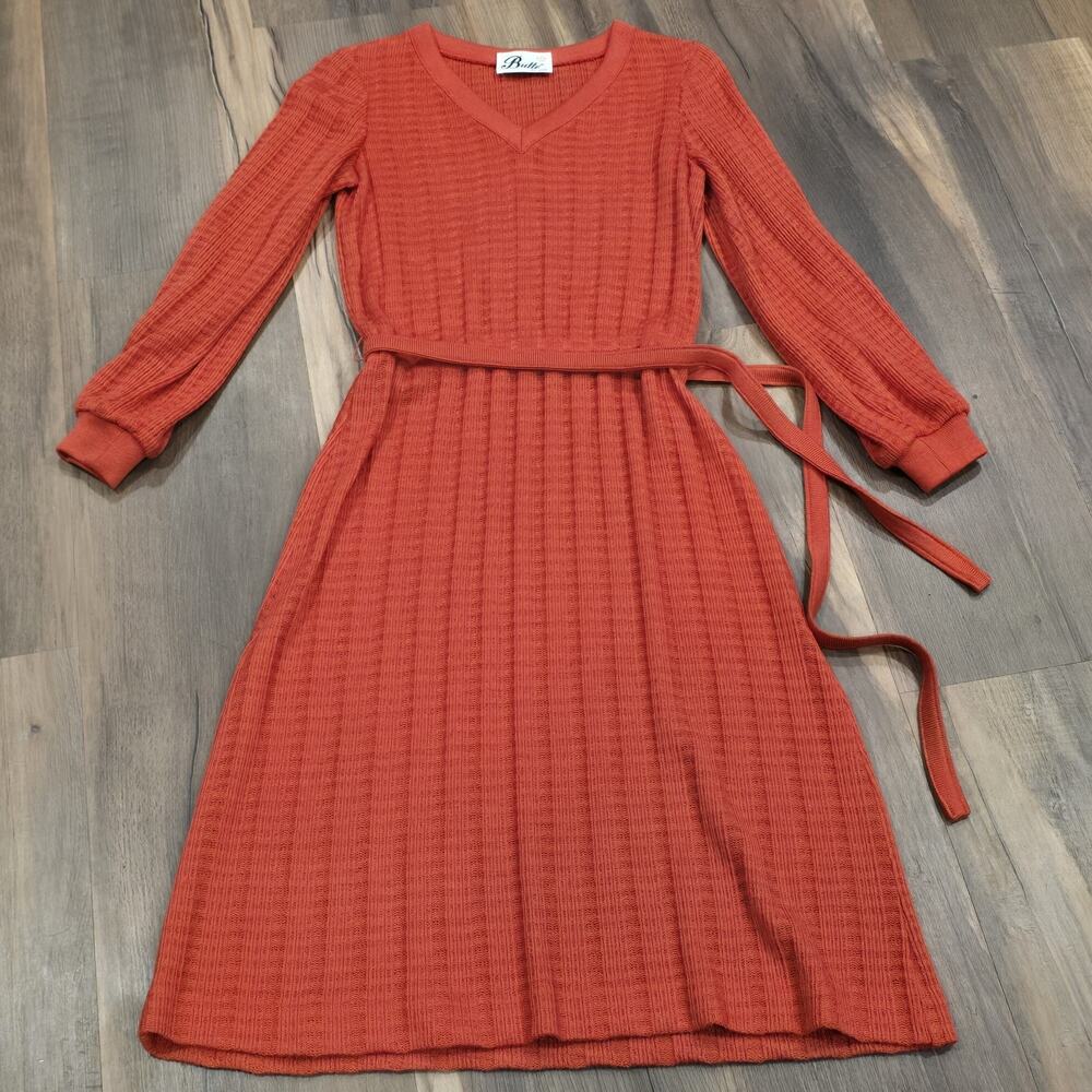 60s 70s Orange Long Sleeve Waffle Knit Dress Vintage‎ Midi Soft Belted V Neck - Picture 6 of 10